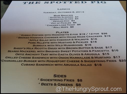 The menu at The Spotted Pig New York City