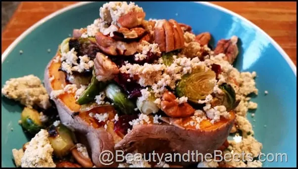 Baked Sweet Potato with Sprouts, Cranberries and Pecans