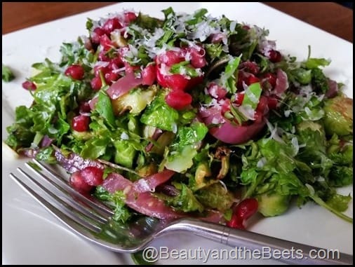 Fried Brussel Sprout Salad with Pickled Onions and Pomegranate Beauty and the Beets