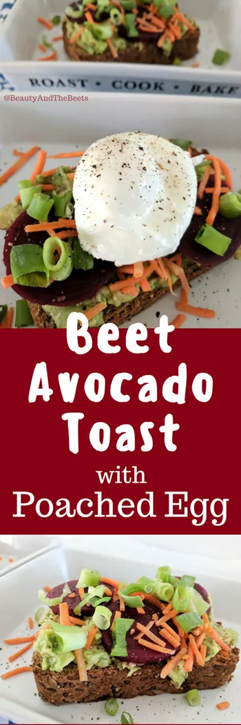 3 pictures stacked with a picture of a poached egg on avocado toast with the words Beet Avocado Toast with Poached Egg written in white with a beet colored background