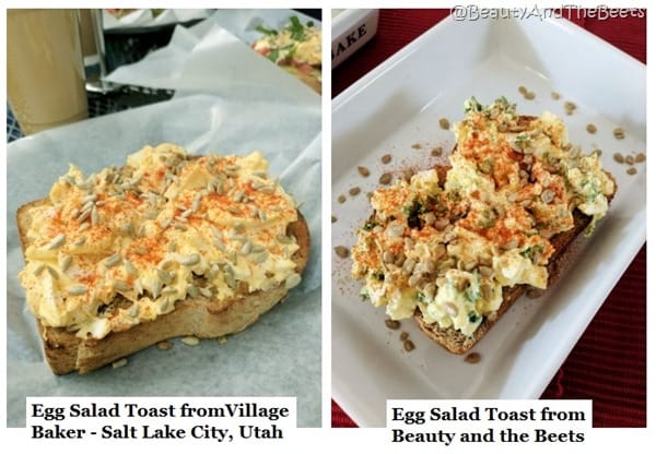 Two pictures of egg salad on toasts side by side on white plates