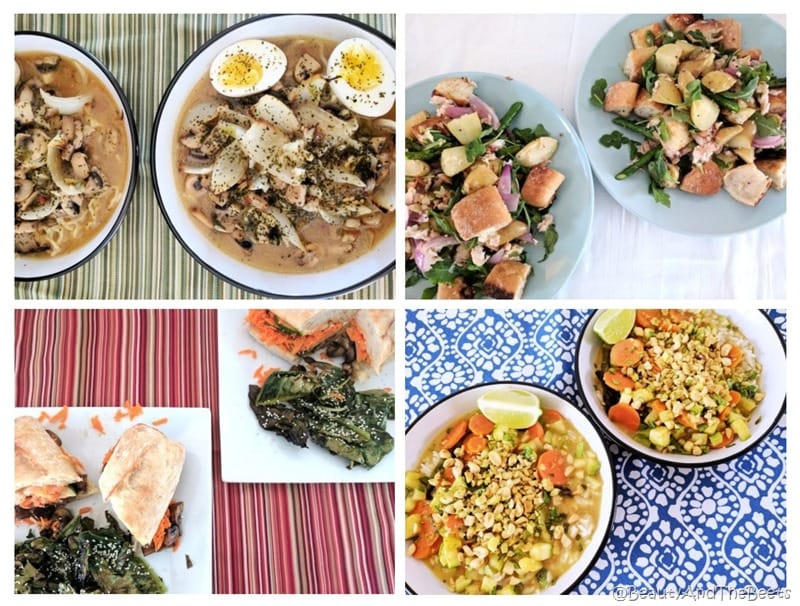 four meals a soup with noodles and eggs a salad with trout a sandwich with roasted gai lan and a squash curry with peanuts on a series of placemats