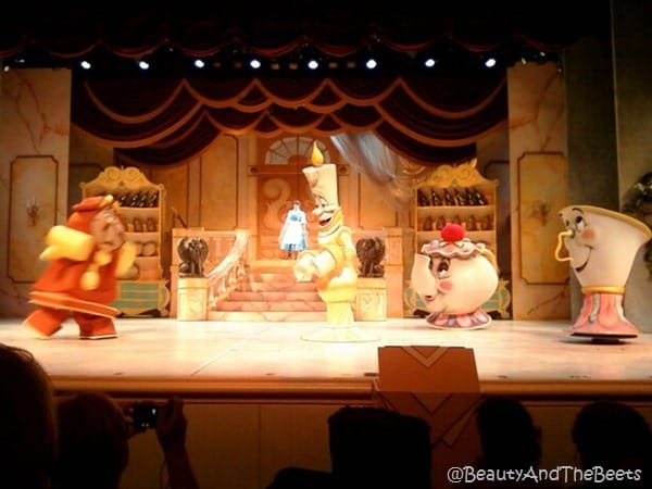 Cogsworth, Lumiere, Mrs Potts and Chip Enchanted Objects on the Beauty and the Beast stage