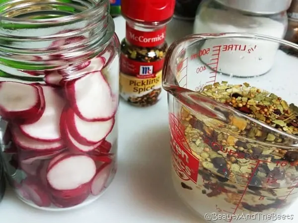 A jar of sliced radishes next to a canister of pickling spices and a measuring cup filled wih water and spices on a white counter top