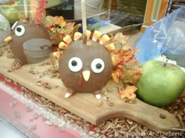 a candy apple covered in chocolate decorated like a turkey with a candy corn mane