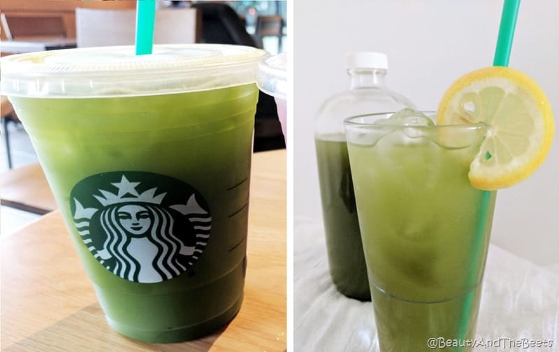 a Starbucks cup of green match lemonade next to the author's picture of a glass of green matcha lemonade on a white background