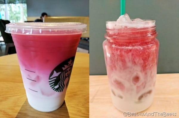 side by side comparison of the Starbucks ombre pink drink and the Beauty and the Beets version