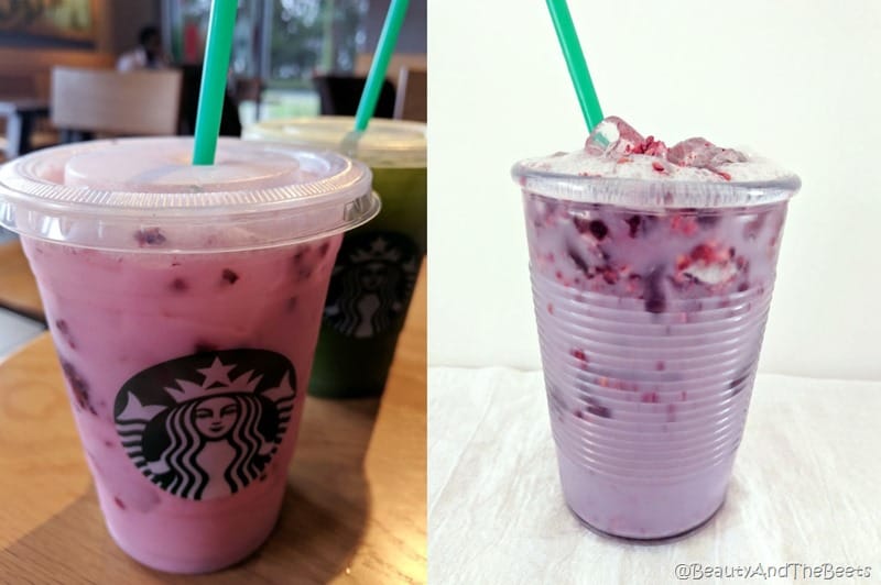 a split screen with he violet drink with ice and blackberries against a white background