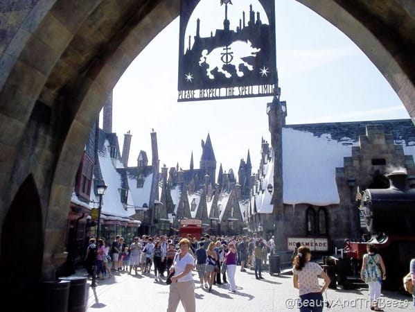 looking through the entrance of the Harry Potter land of Universal Studios