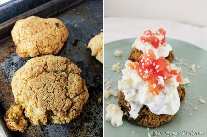 a side by side picture of baked cauliflower walnut burgers on a baking sheet and next to a burger topped with chunky tzatziki sauce and chopped tomatoes