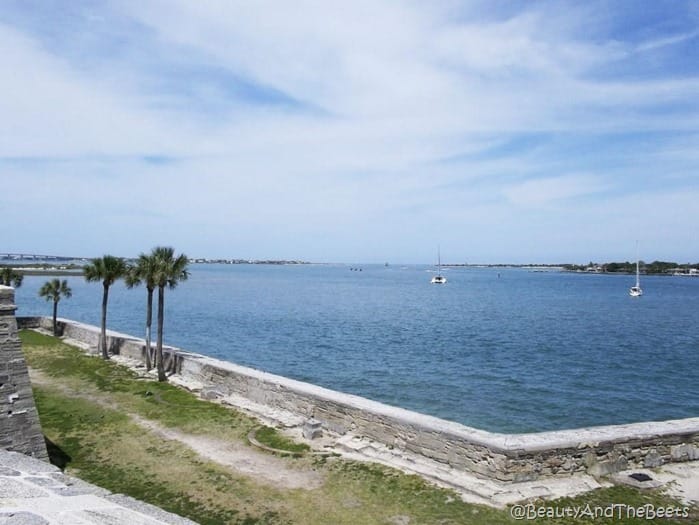 a blue sea against a bright blue sky with palm trees and a couple of sailboats