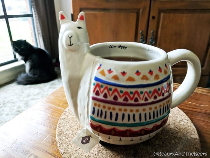 Llama coffee mug with Olive the kitten Beauty and the Beets