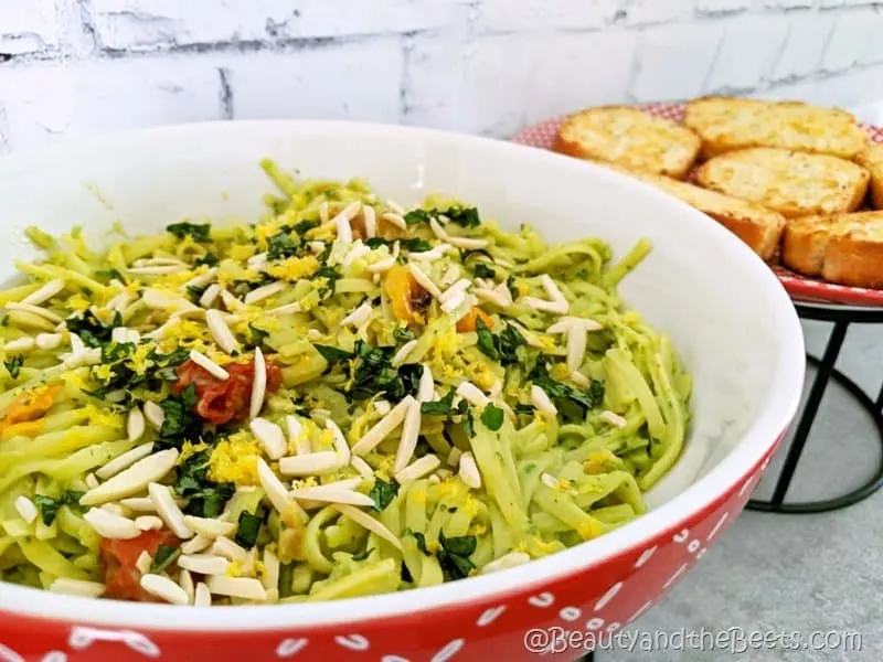 Avocado Pasta and garlic bread Beauty and the Beets