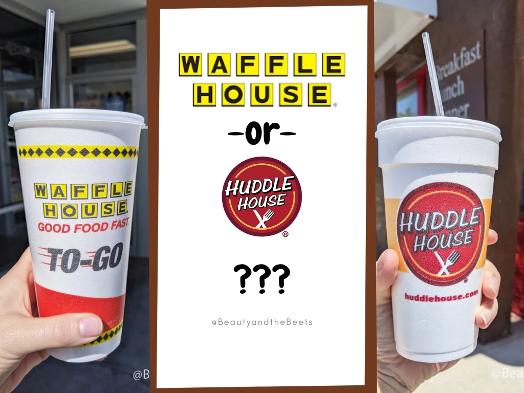 a graphic with a left side picture of a hand holding a Styrofoam cup with the Waffle House log on it and right side picture with a hand holding a Styrofoam cup with the Huddle House logo on it with the words Waffle House or Huddle House and a question mark in the center of the two photos